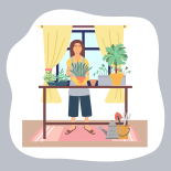 Frau pflanzt Pflanzen zu Hause um. Das Mädchen mit gummiartigen Handschuhen gärtnert gärtnernd, hält den Topf mit grüner Pflanze. Weibchen, das sich um Zimmerpflanzen kümmert. Hobby, Alltagsaktivitäten. Tabelle mit Pflanzensammlung