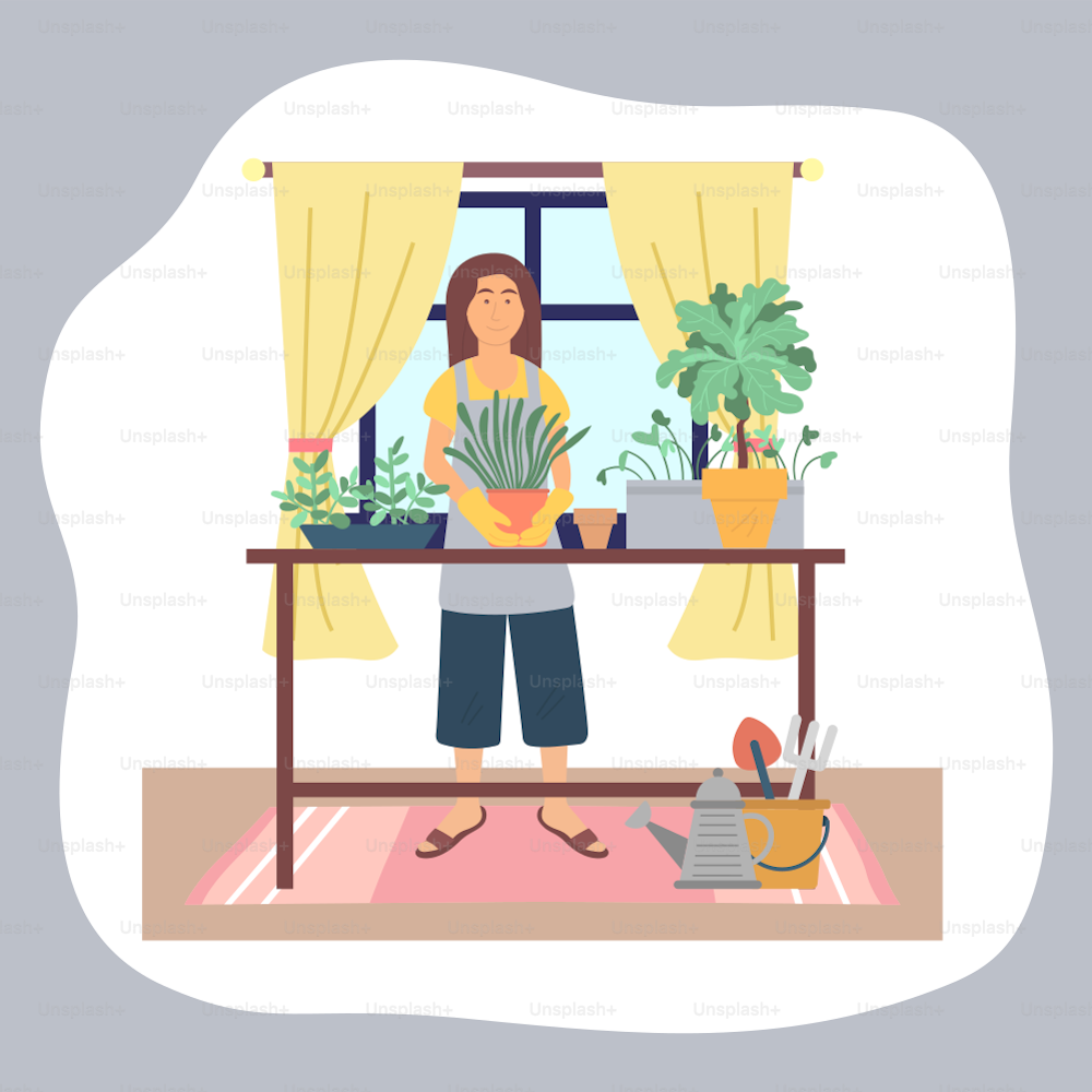 Mujer trasplantando plantas en casa. Chica con guantes de goma disfrutar de la jardinería, sosteniendo maceta con planta verde. Hembra cuidando plantas de interior. Hobby, actividades cotidianas. Tabla con colección de plantas