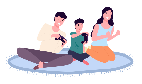 Family playing video games. Mom dad and son gaming with gamepad controller, holding joystick in hands flat design. People siting on the floor in front of the monitor and playing a computer game