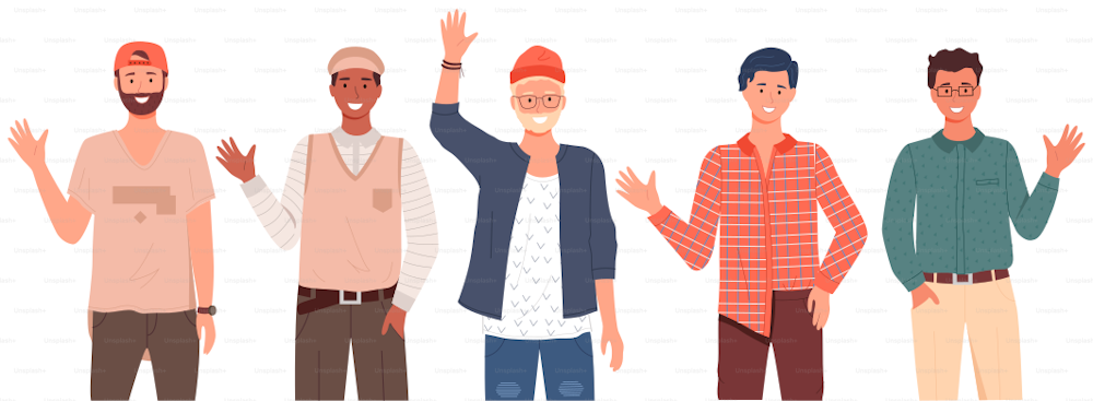 Group of men with different nationalities and cultures. Multicultural people show greeting gesture. Smiling male characters from countries. Representatives of world cultures waving their hands