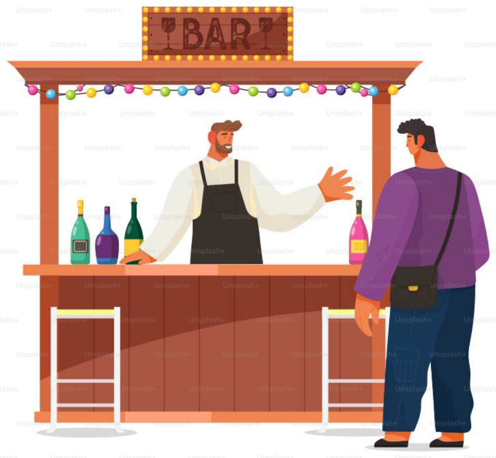 Drinking in street bar. Outdoor bar on white background. Relaxation in cafe. Barman communicates with guest. Bartender tells male client about cocktails. People discuss near catering establishment