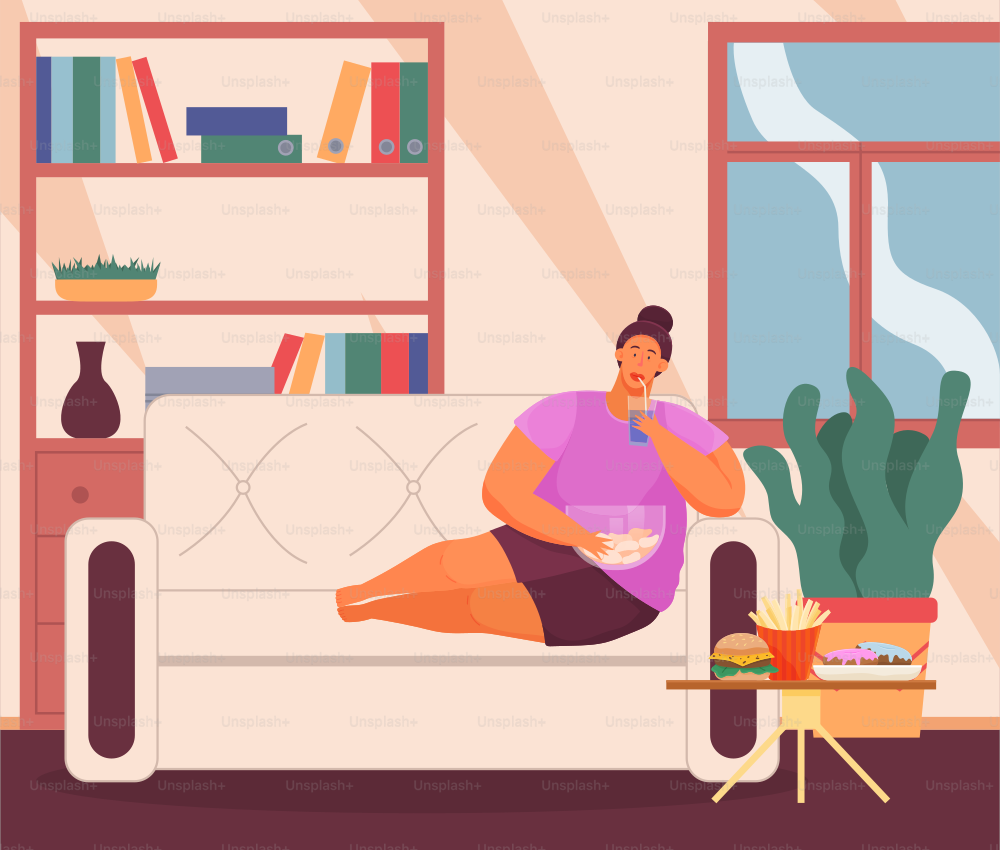 Overweight girl resting on sofa and has bad lifestyle. Plump woman eating fries, donuts, hamburger, sparkling water. Cartoon woman has health problems. Fat person eating junk food with lot of calories