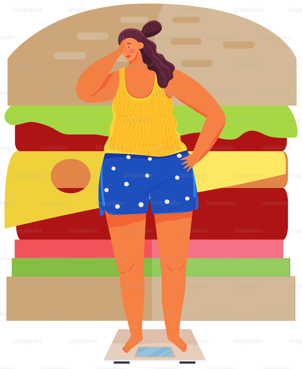 Young woman stands on scales and weights. Lady on diet wants to be slim. Person uses equipment, device to measure kilograms at home. Overweight girl on scales against background of huge burger