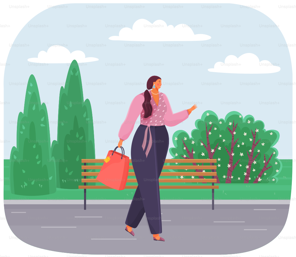Woman holding paper bag goes shopping from store. Fat girl walking down street in city park summer day. Oversize lady with long dark hair is dressed in pants and blouse is strolling with purchases