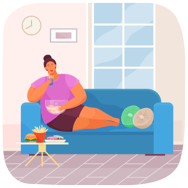Overweight girl resting on sofa and has bad lifestyle. Plump woman eating fries, donuts, hamburger, sparkling water. Cartoon woman has health problems. Fat person eating junk food with lot of calories