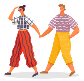 Smiling man and woman characters wearing seasonal clothes for summer or spring time. Female in glasses holding hand of male going. Happy couple boyfriend and girlfriend walking together vector
