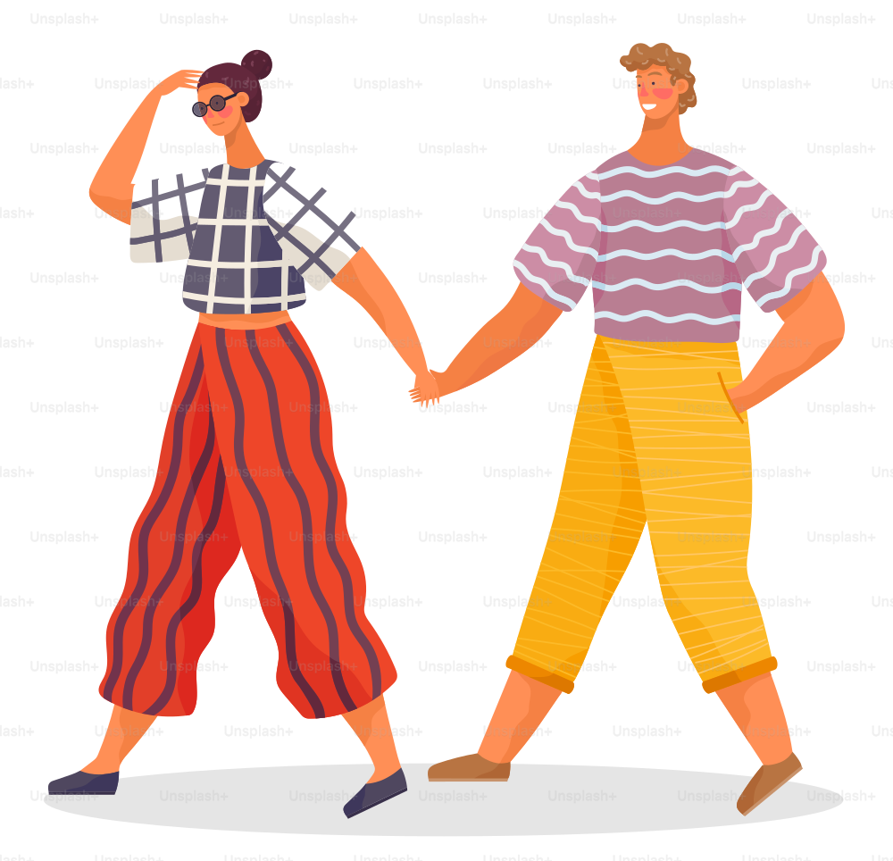 Smiling man and woman characters wearing seasonal clothes for summer or spring time. Female in glasses holding hand of male going. Happy couple boyfriend and girlfriend walking together vector