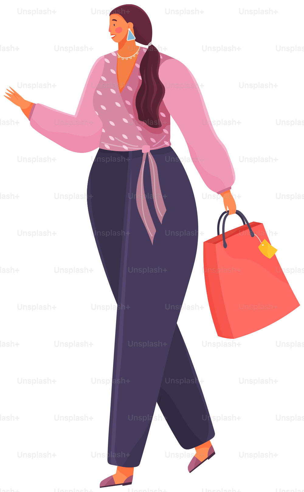 Pretty girl shopper holds package vector illustration. Young fat woman with pink paper bag isolated on white. Cute overweight lady goes for walk. Female character coming from store with purchase