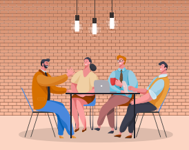 Des gens qui travaillent ensemble sur une idée d’entreprise ou une startup. Une compagnie de jeunes qui fait des plans. Brainstorming des employés pour une réunion. Séminaire ou rassemblement des partenaires dans un bureau moderne. Vecteur en style plat