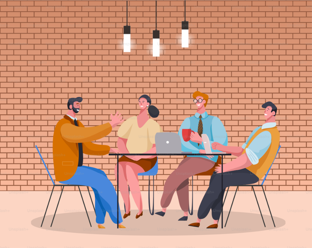 People working on business idea or startup together. Company of youth making plans. Brainstorming employees on meeting. Seminar or rally of partners in modern office. Vector in flat style