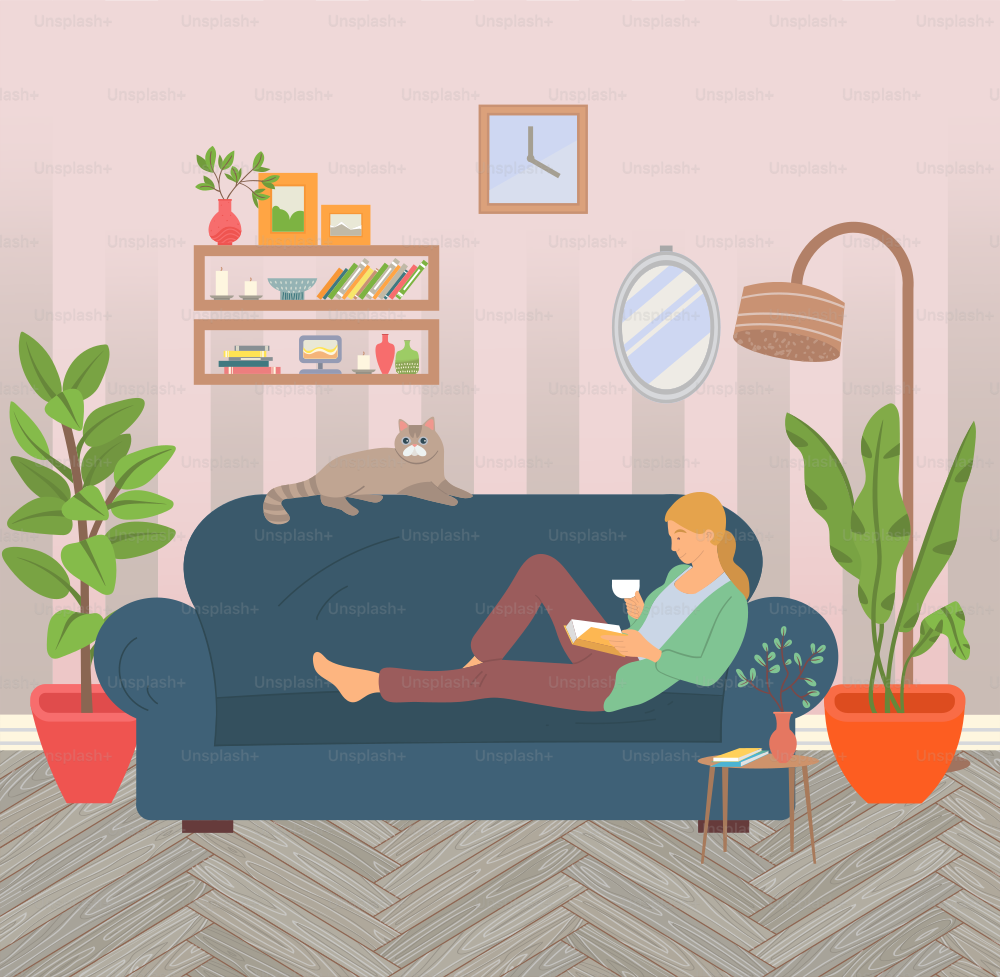 Blonde woman lying on sofa, reading interesting book and has cup in hand. Girl drink tea or coffee. Books on shelf, plants on floor, pet on couch. Vector illustration in flat style