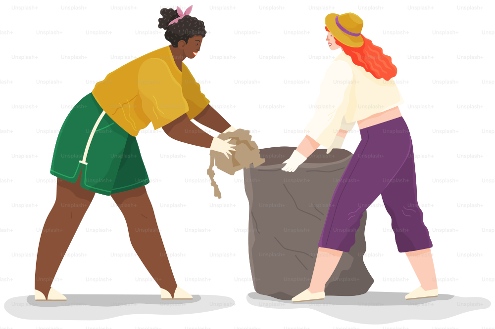 Volunteer women are cleaning territory. People volunteering collect garbage on contaminated areas. Female characters throwing trash to rubbish bag. Girls remove paper waste vector illustration