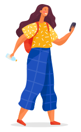 Chica sola en verano. Un estudiante sujeta el teléfono y los mensajes a alguien. Persona con ropa informal y de moda como camisa, pantalones y mochila. Ilustración vectorial de posar en estilo plano