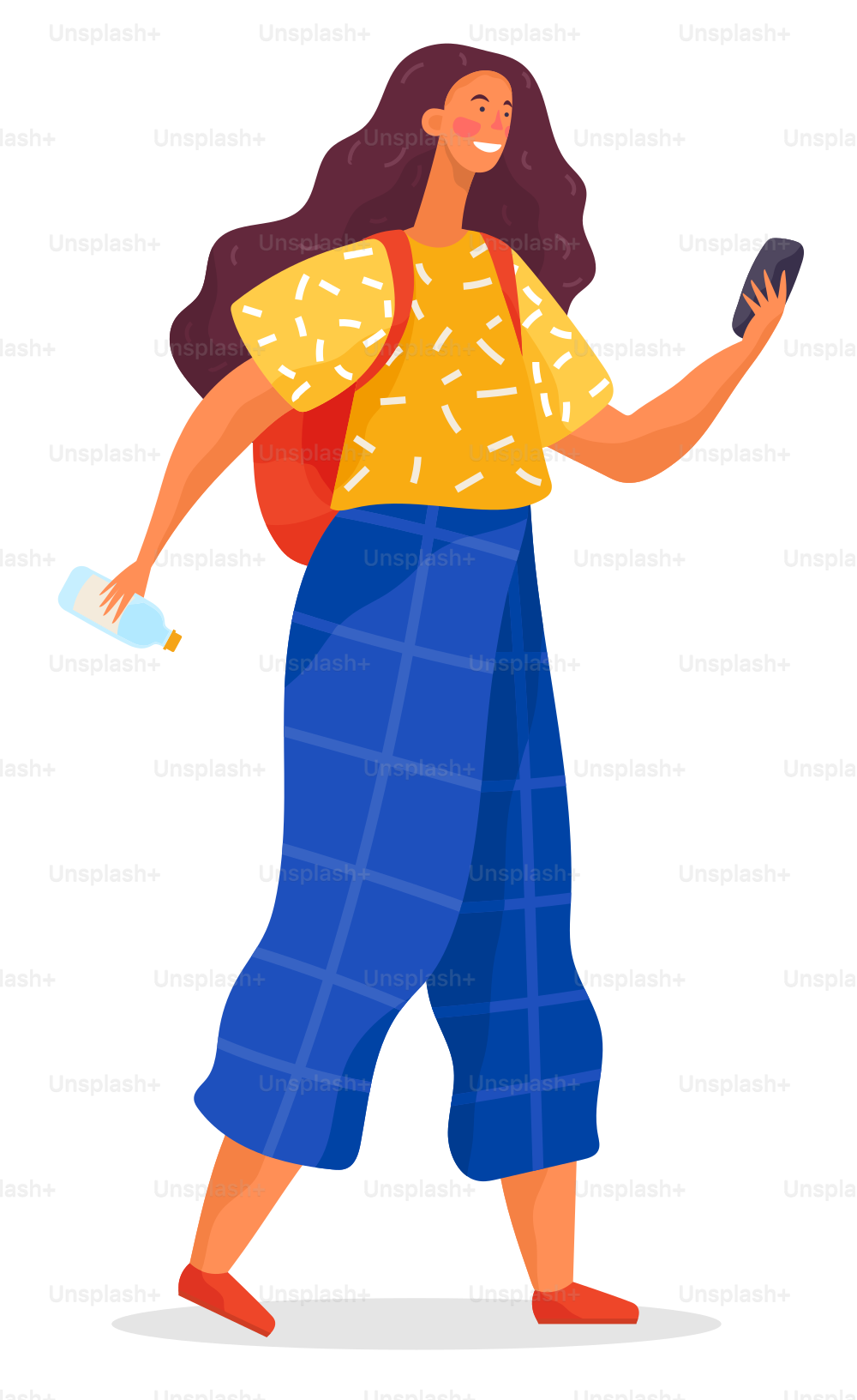 Girl standing alone in summer weather. Student hold phone and messaging to somebody. Person in casual trendy clothes like shirt, pants and with backpack. Vector illustration of posing in flat style