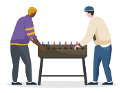 Men characters playing table-game twirling sticks isolated on white. Happy people friends coworking and gaming together on table. Males strategy playing in team competition on special board vector