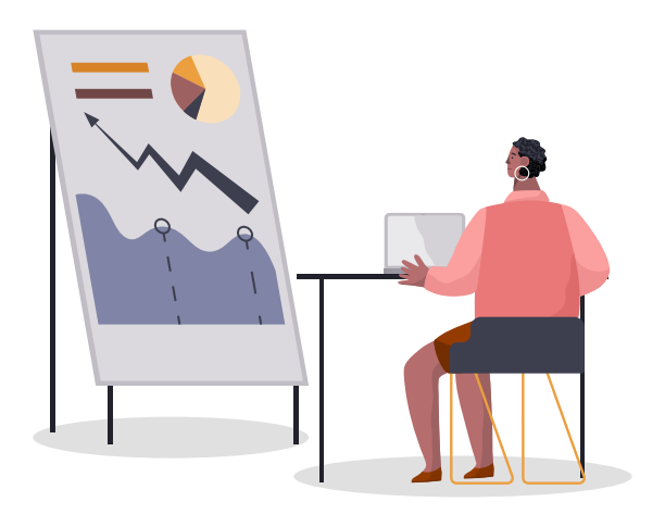Trabajadora sentada en el ordenador de sobremesa con un portátil mirando un tablero con un informe gráfico. Estrategia financiera profesional desde el empleado comunicándose con el ordenador e investigando el vector de planes gráficos