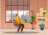 Young woman work on laptop in room. Lady sit on chair by table in homelike cabinet. Interior of office with decor like plants. Big window with cityscape. Vector illustration of workplace in flat style