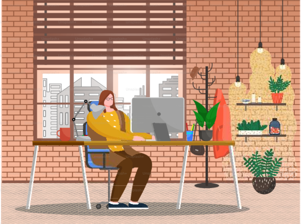若い女性は部屋でノートパソコンで作業する。女性は家庭的なキャビネットのテーブルごとに椅子に座っています。植物のような装飾が施されたオフィスの内部。街並みの大きな窓。フラットスタイルの職場のベクターイラスト