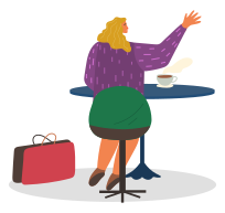 Lady drinking hot coffee or tea alone in coffeehouse. Armchair and single leg table, cup with beverage on surface. Place for relax on lunch in cafeteria. Vector illustration of person in cafe in flat