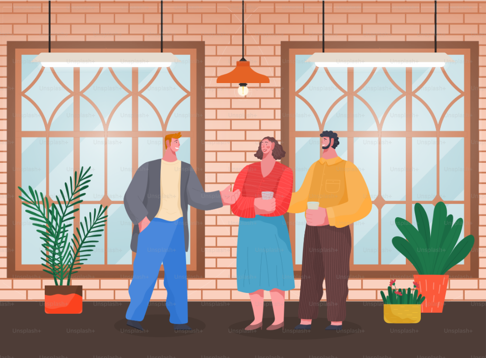 Home reception or house party, people talking and drinking, host and guests vector. Loft style interior design, family and friends gathering. Guy speaking with couple holding cups illustration