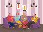 Die Menschen verbringen ihre Freizeit zusammen mit Spielen im Café. Männer und Frauen sitzen auf einem violetten Sofa und machen eine Kaffeepause. Treffen mit Freunden im Café oder Wohnzimmer. Vektorillustration im flachen Stil