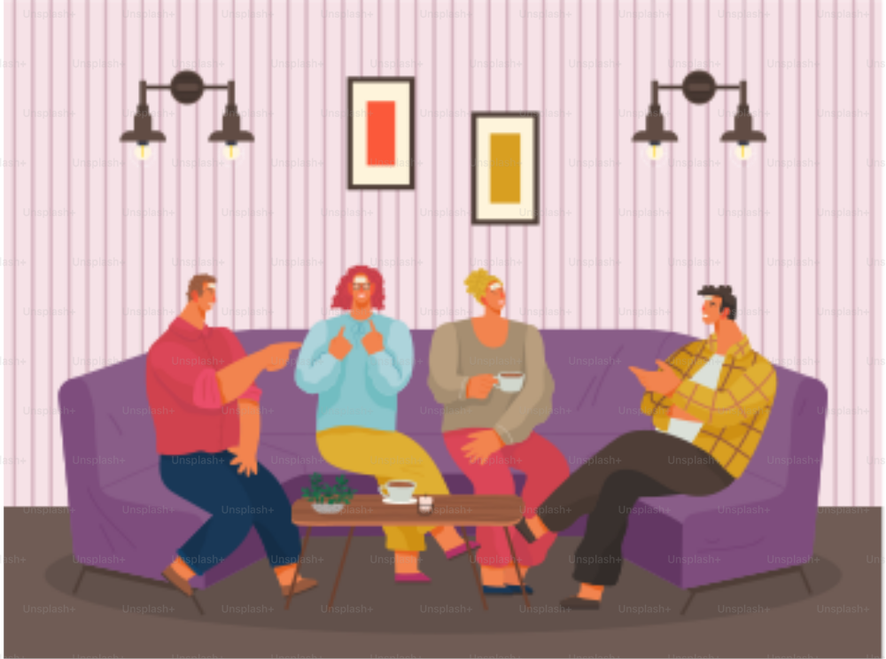 People spend leisure time together playing games in cafe. Men and women sit on violet sofa and have coffee break. Meeting with friends in coffeehouse or living room. Vector illustration in flat style