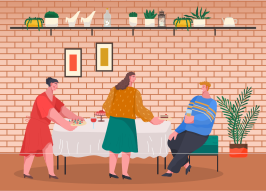 Donne che si preparano per la cena o il pranzo. Ricevimento a casa per amici e familiari. Tavola con cibo come torta e canapé, bevande. Interni del soggiorno, arredamento e piante da appartamento. Illustrazione vettoriale in stile piatto