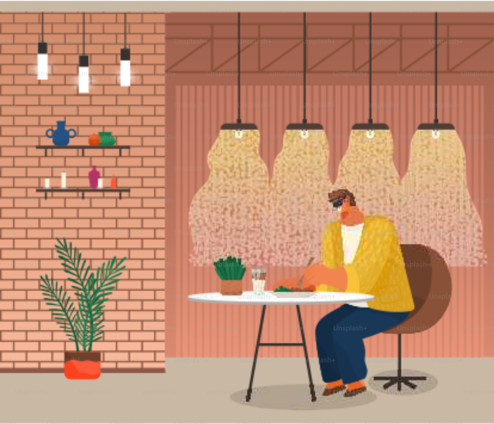 Man has lunch alone in cafe. Guy eating salad at home or restaurant. Room interior with brick wall, shelves with decoration and plants. Person on break or dinner. Vector illustration in flat style