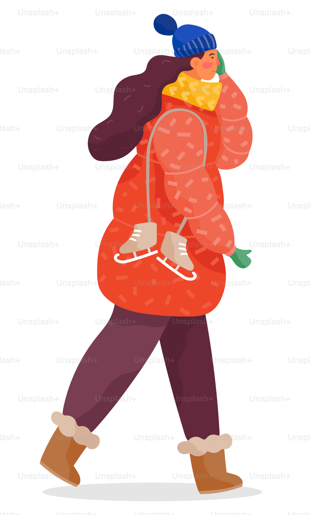 Woman walking alone, winter cold weather. Lady in warm clothes like orange overcoat and scarf, hat and boots. Person go for skating and hold skate footwear. Vector illustration of seasonal clothing