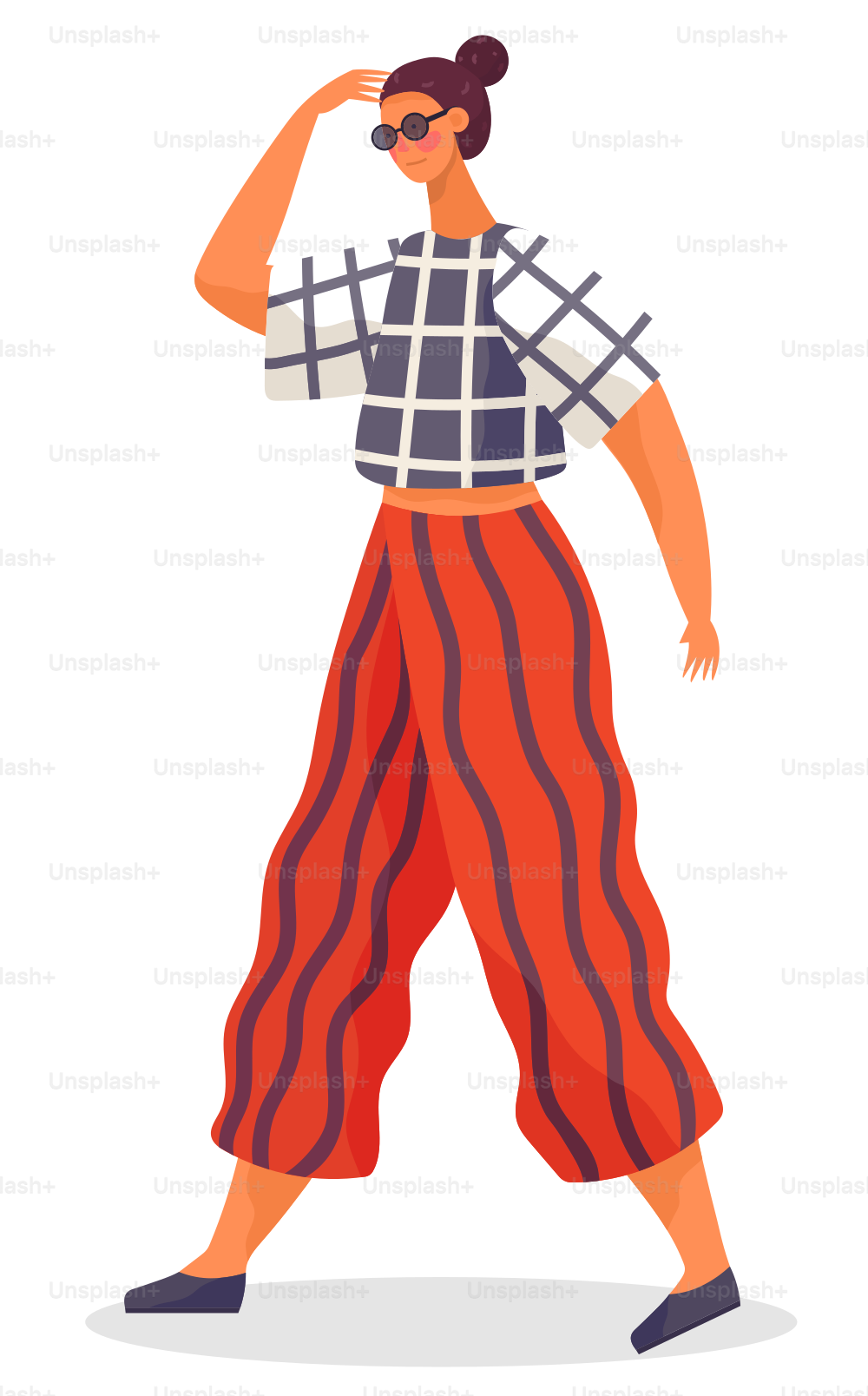 Young woman walk on street alone. Lady in sunglasses and seasonal clothes like shirt and pants. Sunny summer weather. Fashionable apparel on person or model. Vector illustration in flat style