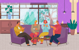 人々はリビングルームでゲームをして余暇を過ごします。男女が紫のソファに座り、会話をする。自宅で友達と会う。大きな窓を持つアパートの内部。ベクターイラスト