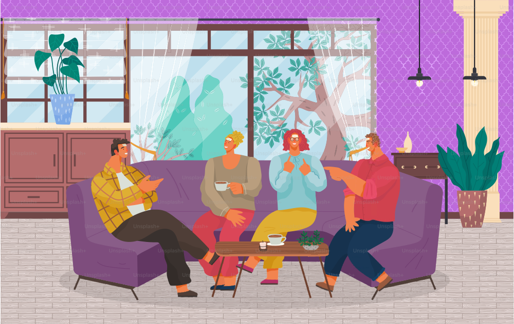 La gente pasa el tiempo libre jugando juegos en la sala de estar. Hombres y mujeres se sientan en un sofá violeta y conversan. Reunión con amigos en casa. Interior del apartamento con gran ventanal. Ilustración vectorial