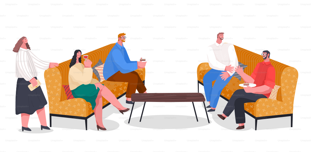 People have dinner, party with food and drinks, home reception. Friends spending leisure time together with fun. Men and women have conversation. Vector illustration of banquet in flat style