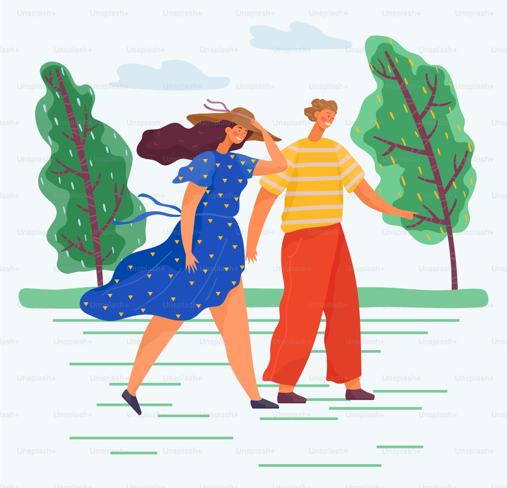 Man and woman wearing seasonal casual clothes going near green trees. Female wearing dress, male in t-shirt and trousers walking in park summer time. Couple in hats holding hands outdoor vector