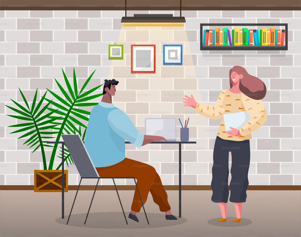 Man and woman talking in office. Partners discussing project. Colleague waving to friend at work. Workers working together. Male and female characters with laptop and papers. Vector in flat style