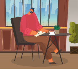 Man sitting in coffeehouse alone. Guy have telephone call and noting thoughts in notebook. Cup with tea or coffee and decor like houseplant on surface. Vector illustration of person in cafe in flat