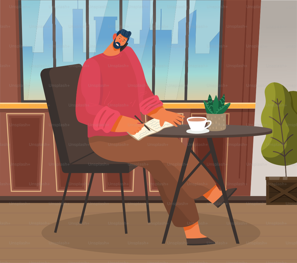 Man sitting in coffeehouse alone. Guy have telephone call and noting thoughts in notebook. Cup with tea or coffee and decor like houseplant on surface. Vector illustration of person in cafe in flat