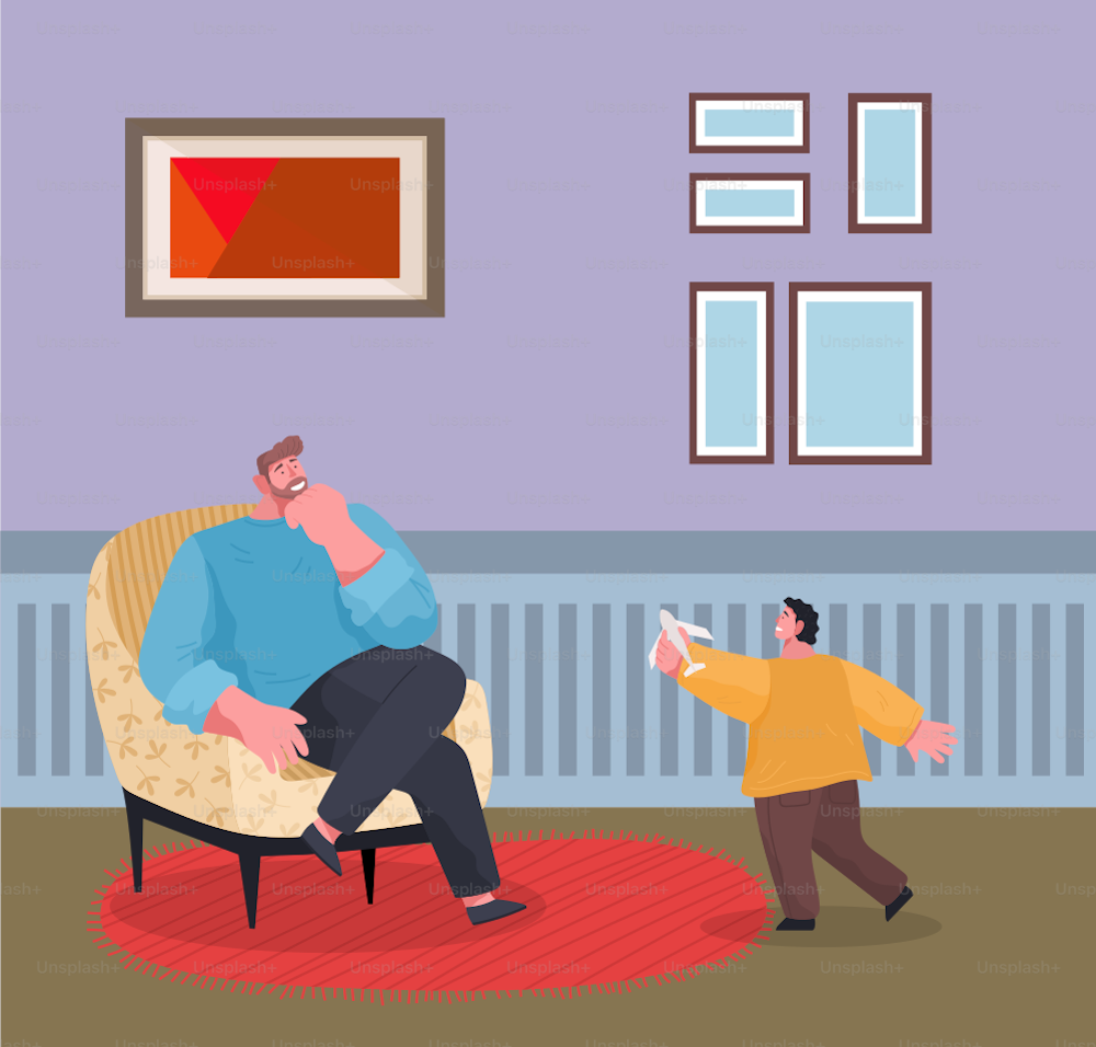 Father and son playing active games in lounge. Man sitting on armchair, kid running around room. Furniture and decoration like frames with pictures and carpet. Vector illustration in flat style