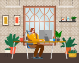 Un lavoratore che usa il computer sul posto di lavoro, in ufficio o a casa. Digitazione femminile su un dispositivo wireless del PC seduta al tavolo con il simbolo della tazza, padella e lampada vicino alla finestra. Dipendente che guarda un vettore interno del portatile