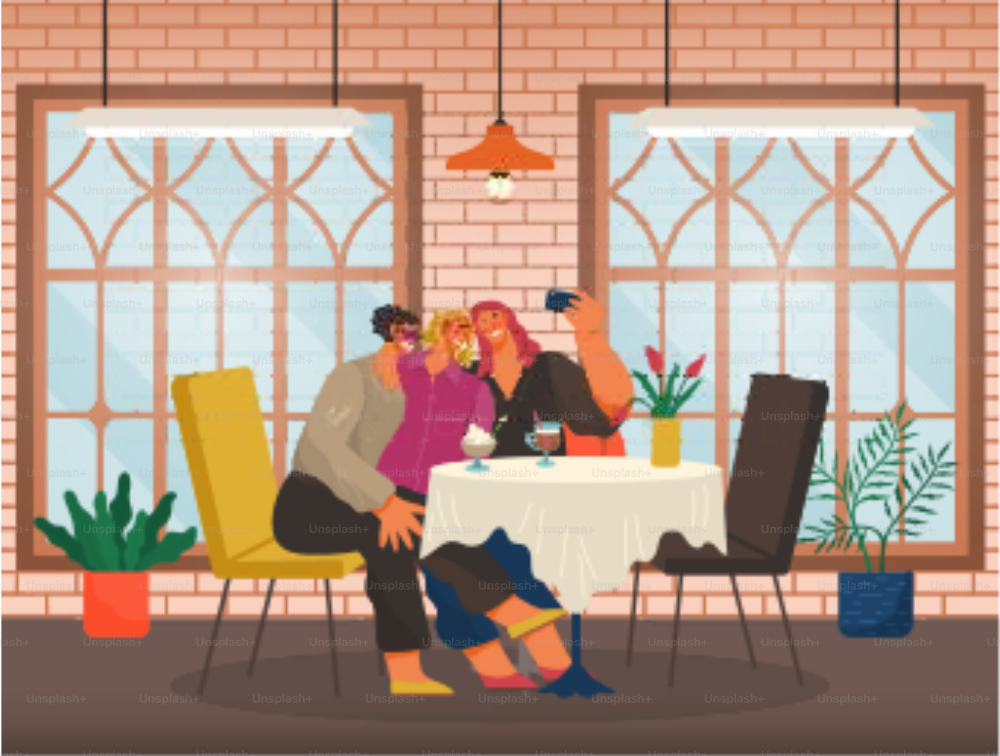 Smiling women friends sitting at table and making selfie. Happy females meeting in restaurant drinking coffee and eating dessert. Interior view of cafe with people characters near big window vector