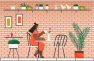 Woman drinking coffee or tea in coffeehouse. Lady sit by table alone. Cafe interior decoration like picture and plants. Place for lunch or break in cafeteria. Vector illustration of eating out in flat