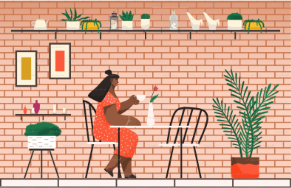 Woman drinking coffee or tea in coffeehouse. Lady sit by table alone. Cafe interior decoration like picture and plants. Place for lunch or break in cafeteria. Vector illustration of eating out in flat