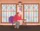Hombre sentado solo en un café. Un tipo comiendo pizza italiana en casa o en un restaurante. Interior de pizzería con muros de ladrillo y grandes ventanas. Persona en la comida o la cena. Ilustración vectorial de comer fuera en estilo plano