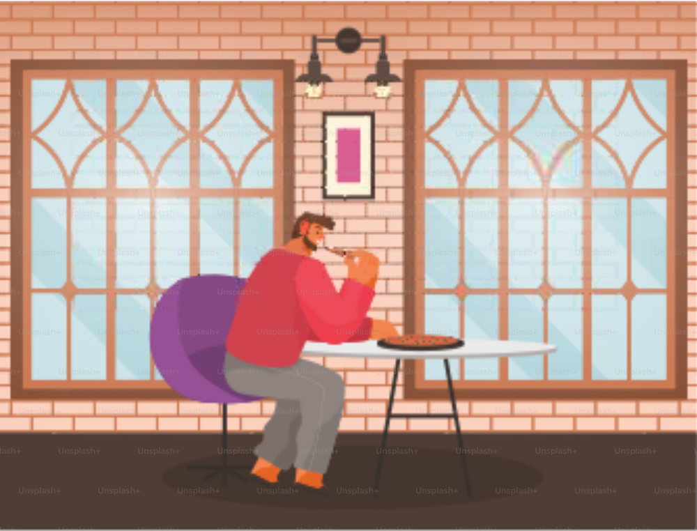 Man sitting alone in cafe. Guy eating italian pizza at home or restaurant. Pizzeria interior with brick wall and big windows. Person on lunch or dinner. Vector illustration of eating out in flat style