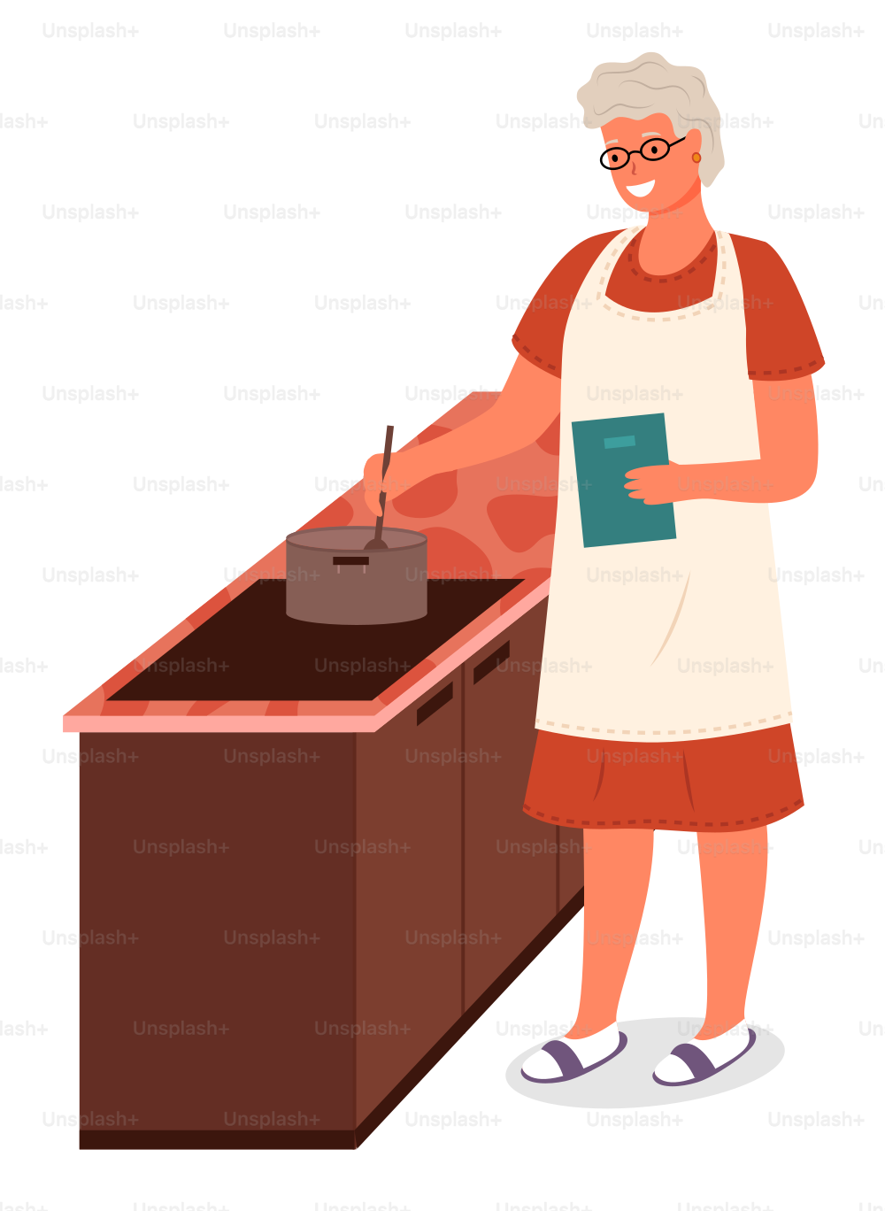 Femme portant un tablier cuisant de la soupe sur la cuisinière, mélangeant du liquide avec une cuillère. Grand-mère isolée ajoutant des épices dans le plat, personnages féminins passe-temps de la préparation des repas. Préparation des aliments, vecteur dans un style plat