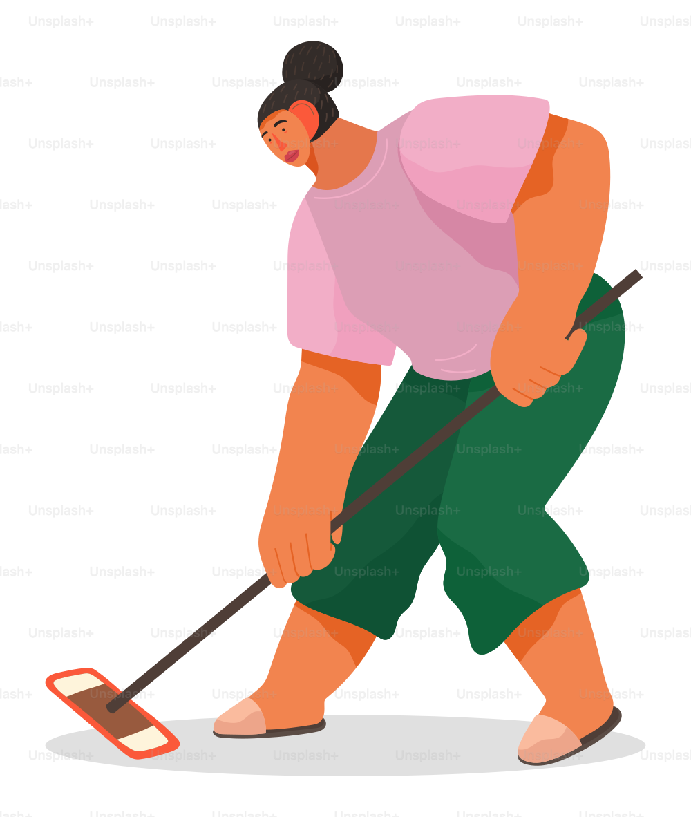 モップを使って床を洗う若い女性。人は家事で家で働いています。家政婦または主婦の掃除室。白い背景に人間。フラットスタイルのクリーンアップのベクターイラスト