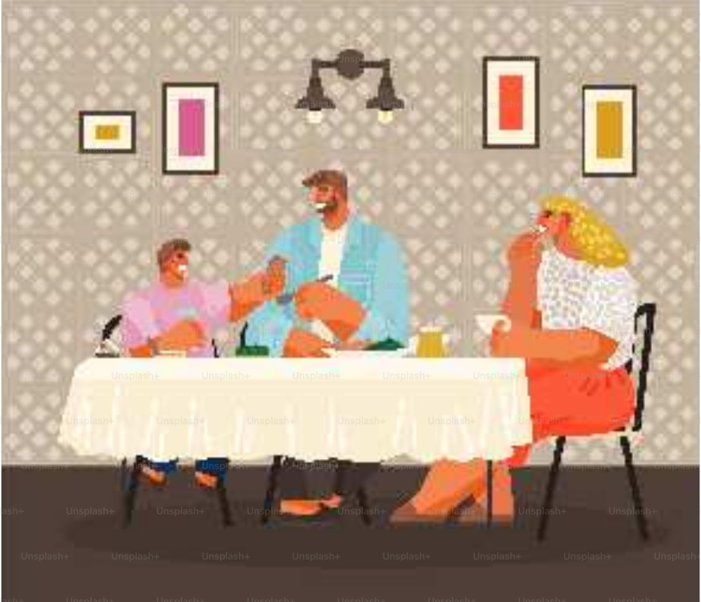 Famiglia che mangia fuori nel ristorante seduto a tavola con piatti. Pranzo di genitori sorridenti con figlio che beve e assaggia il cibo insieme al bar. Vista interna della stanza con carta da parati e vettore della lampada