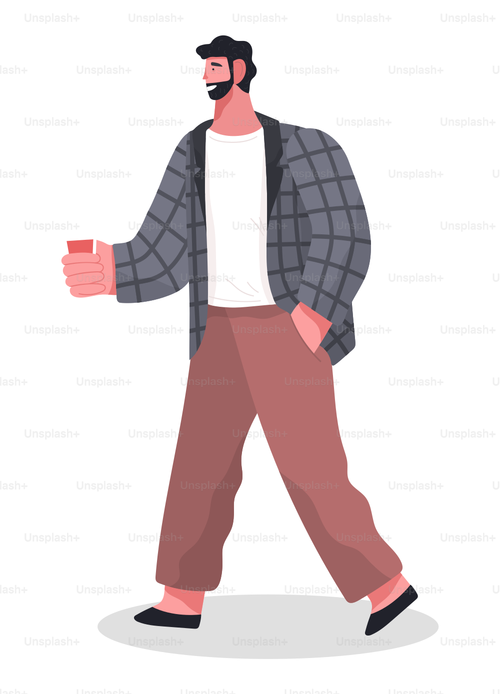 Jeune homme souriant vêtu d’une veste à carreaux debout à pleine hauteur avec une tasse de café à la main sur blanc. Homme d’affaires personnage masculin en vêtements formels employé de bureau ou employé