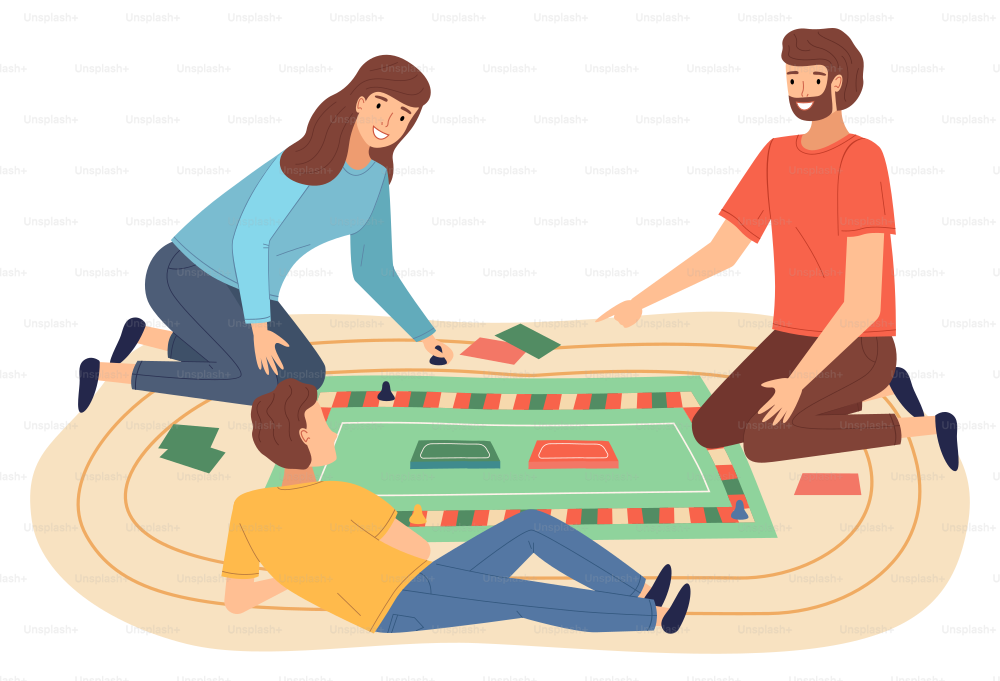 Family playing board game flat illustration. Parents with kid having fun, spending time together at home. Mom and dad with son enjoying table games. Indoor entertainment for adults and children
