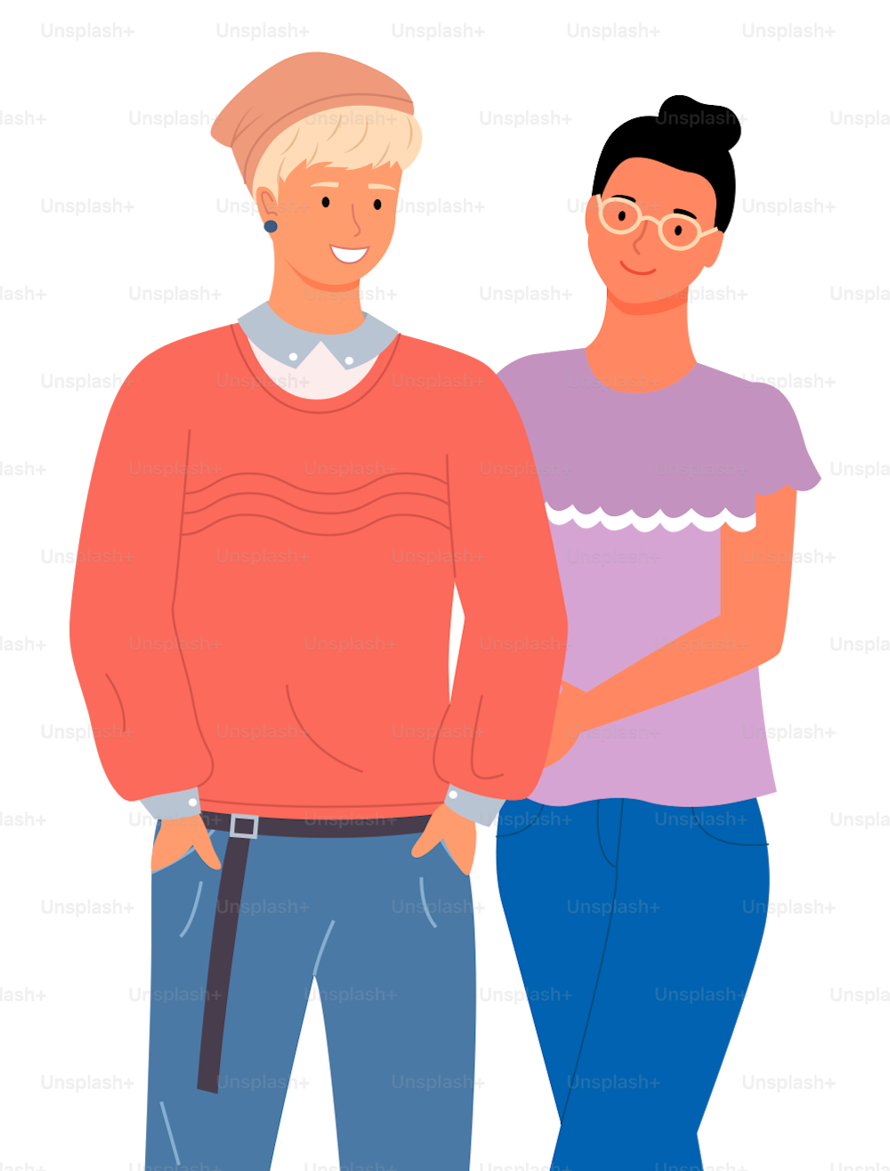 International nationality man and woman smiling. Young stylish blonde guy wearing sweater, shirt, jeans, hat. Pretty girl with hairstyle wearing violet t-shirt and jeans. Multinational people